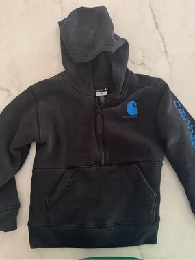 Carhartt 3T Kids Black Hoodie with Blue Logo and Sleeve Script